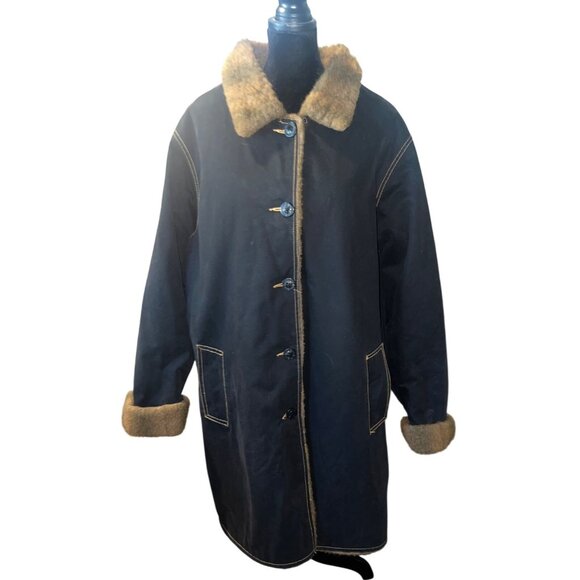 Denim & Co. Penny Lane Black Coat Faux Fur Trim 1XL Boho Western Cottage Core - Picture 1 of 10
